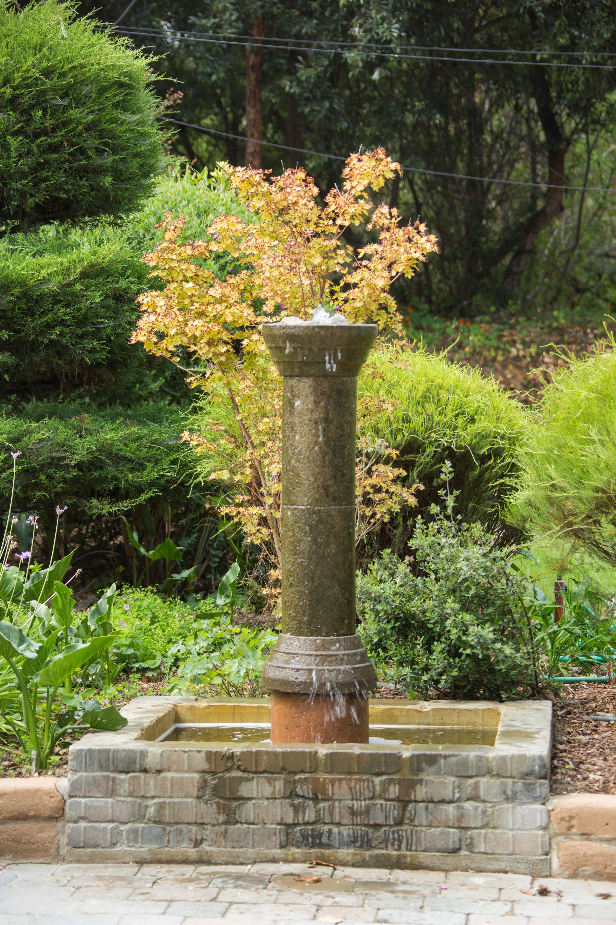 A stone fountain with water spouting from the top, surrounded by lush greenery and various plants.