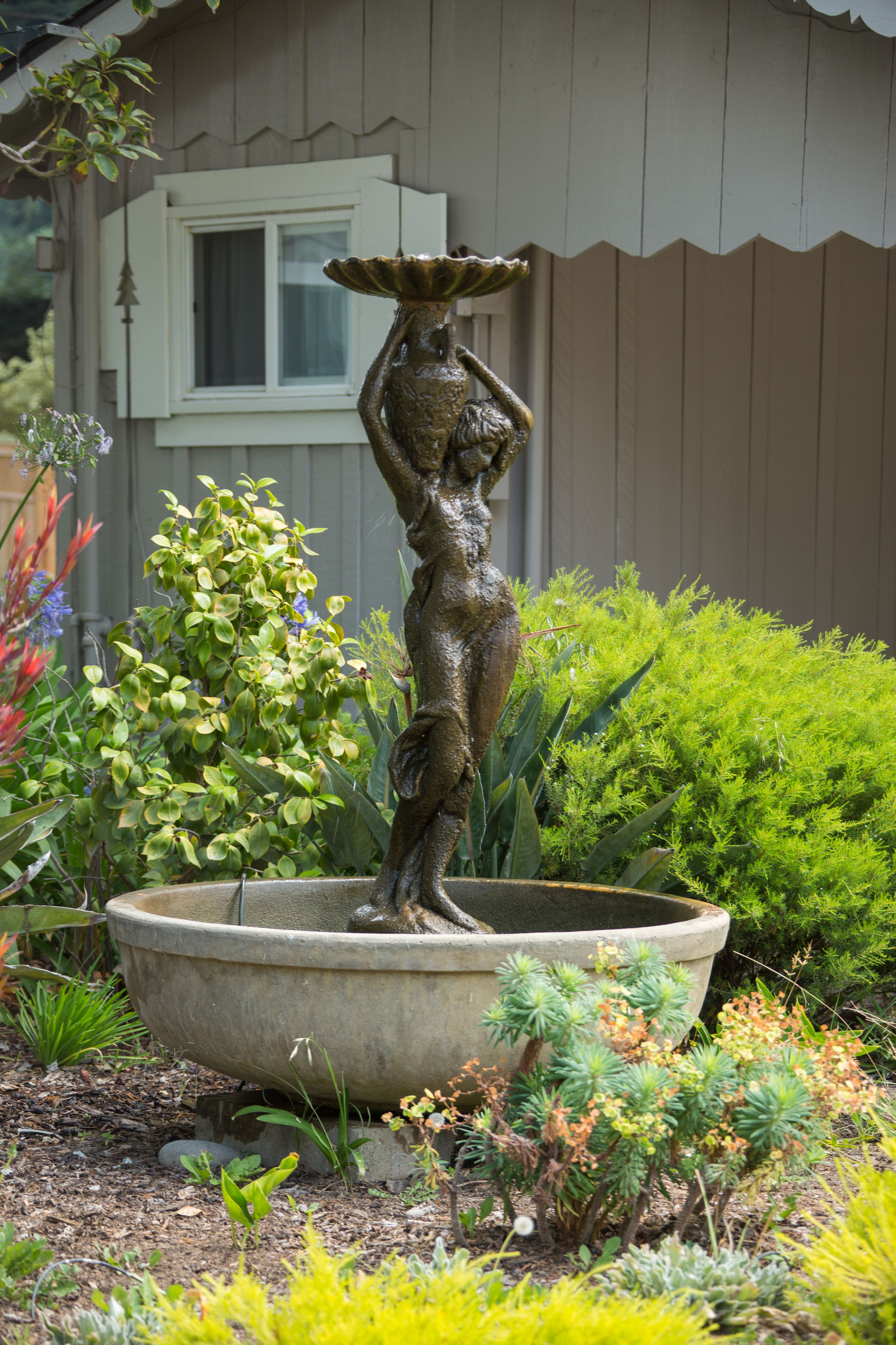 A garden with a statue of a woman holding a bowl, surrounded by various plants and a house in the background.