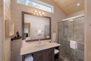 Shower, free toiletries, hair dryer, towels