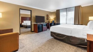Une chambre d’hôtel avec un grand lit, un bureau, une télévision et un miroir.