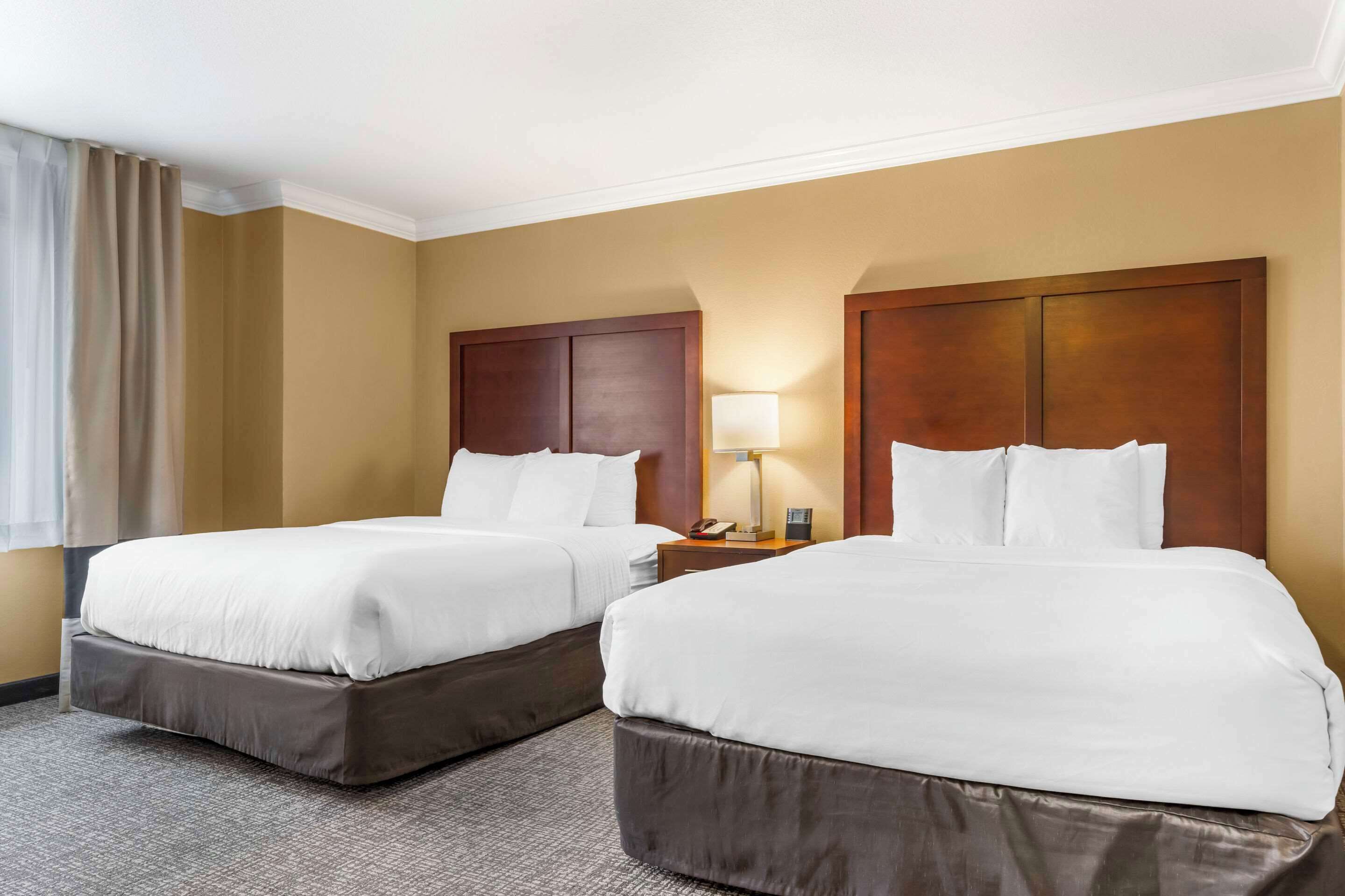 A hotel room with two beds, a nightstand with a lamp, and a window with curtains.