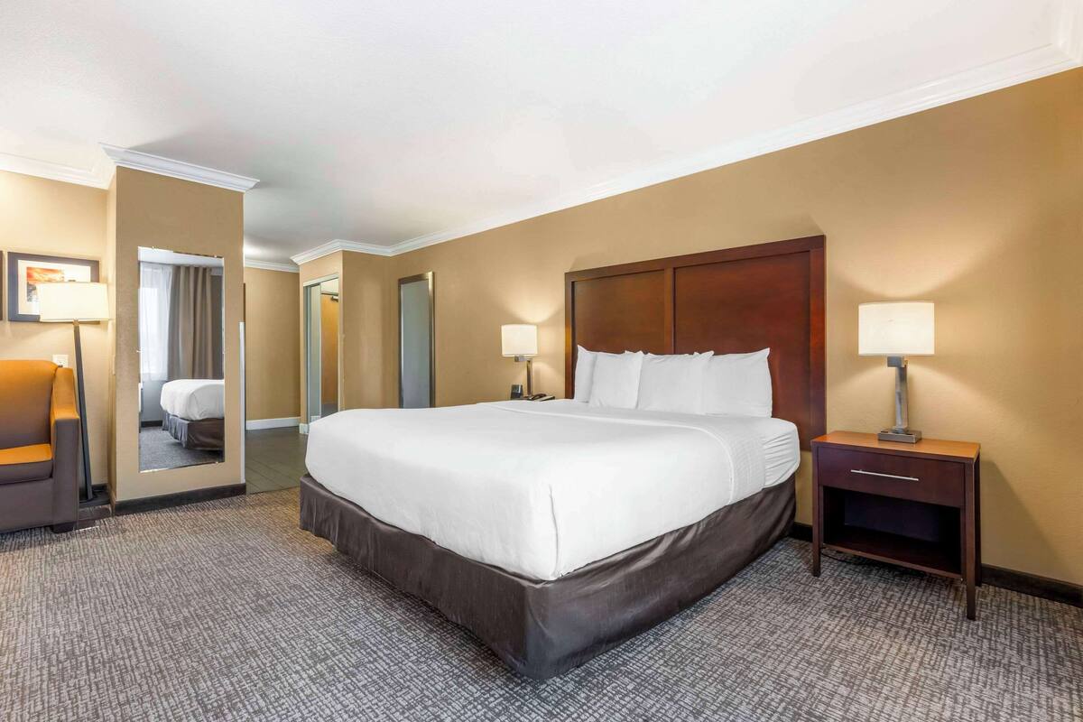 A hotel room with a large bed, a nightstand with a lamp, a chair, and a mirror.