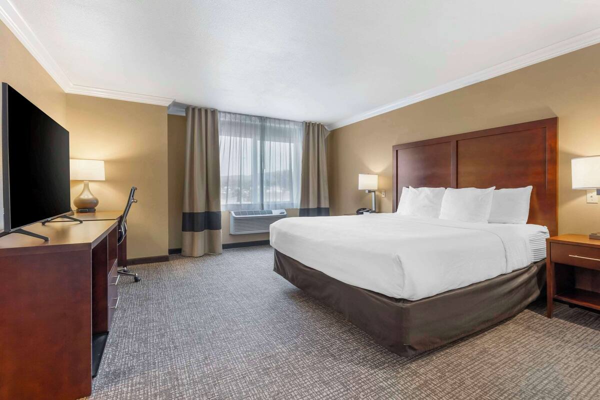 A hotel room with a large bed, a desk with a lamp, a TV, and a window with curtains.
