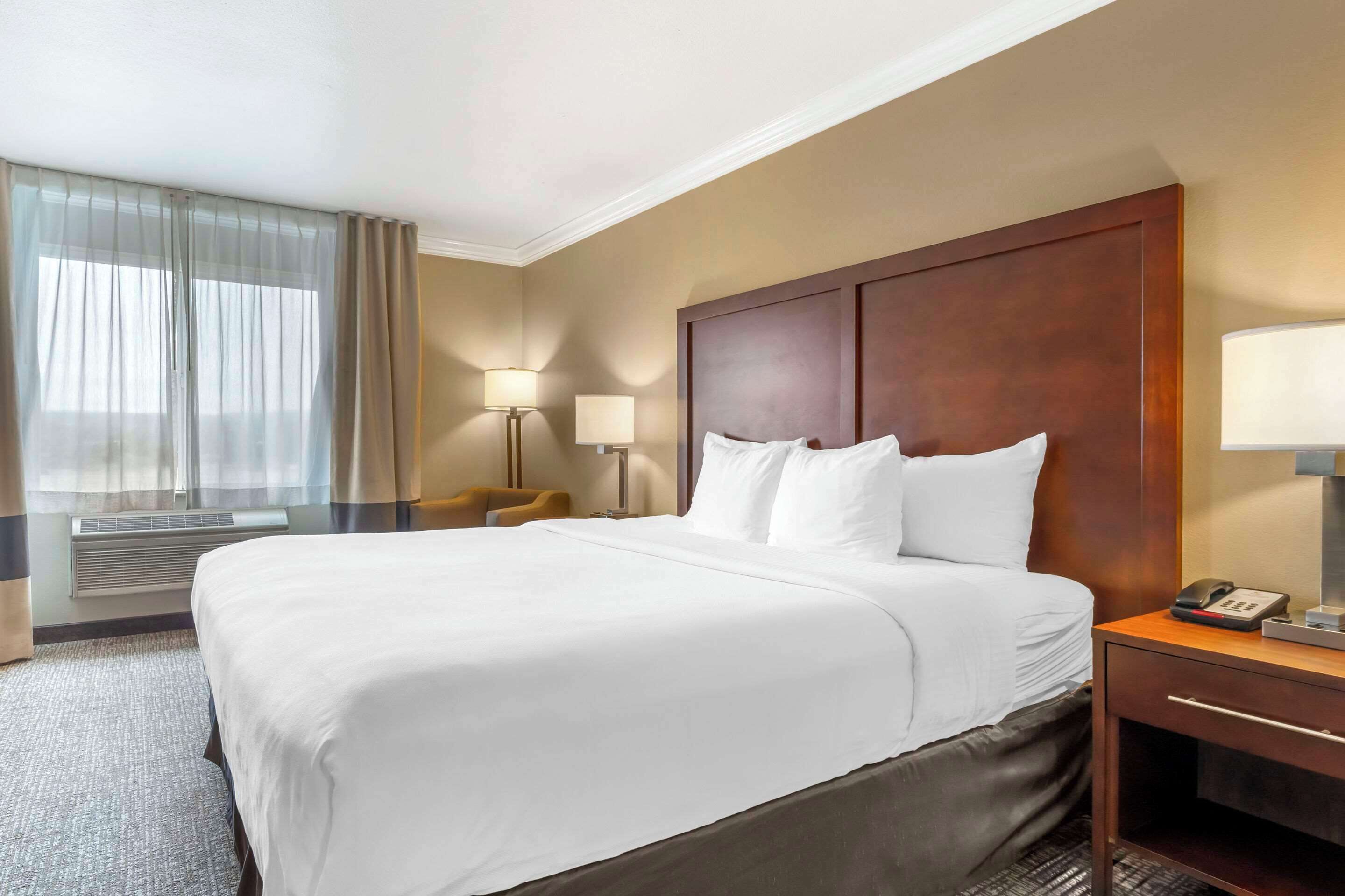 Una habitación de hotel con una cama grande, dos lámparas de noche, una mesita de noche de madera y un teléfono.