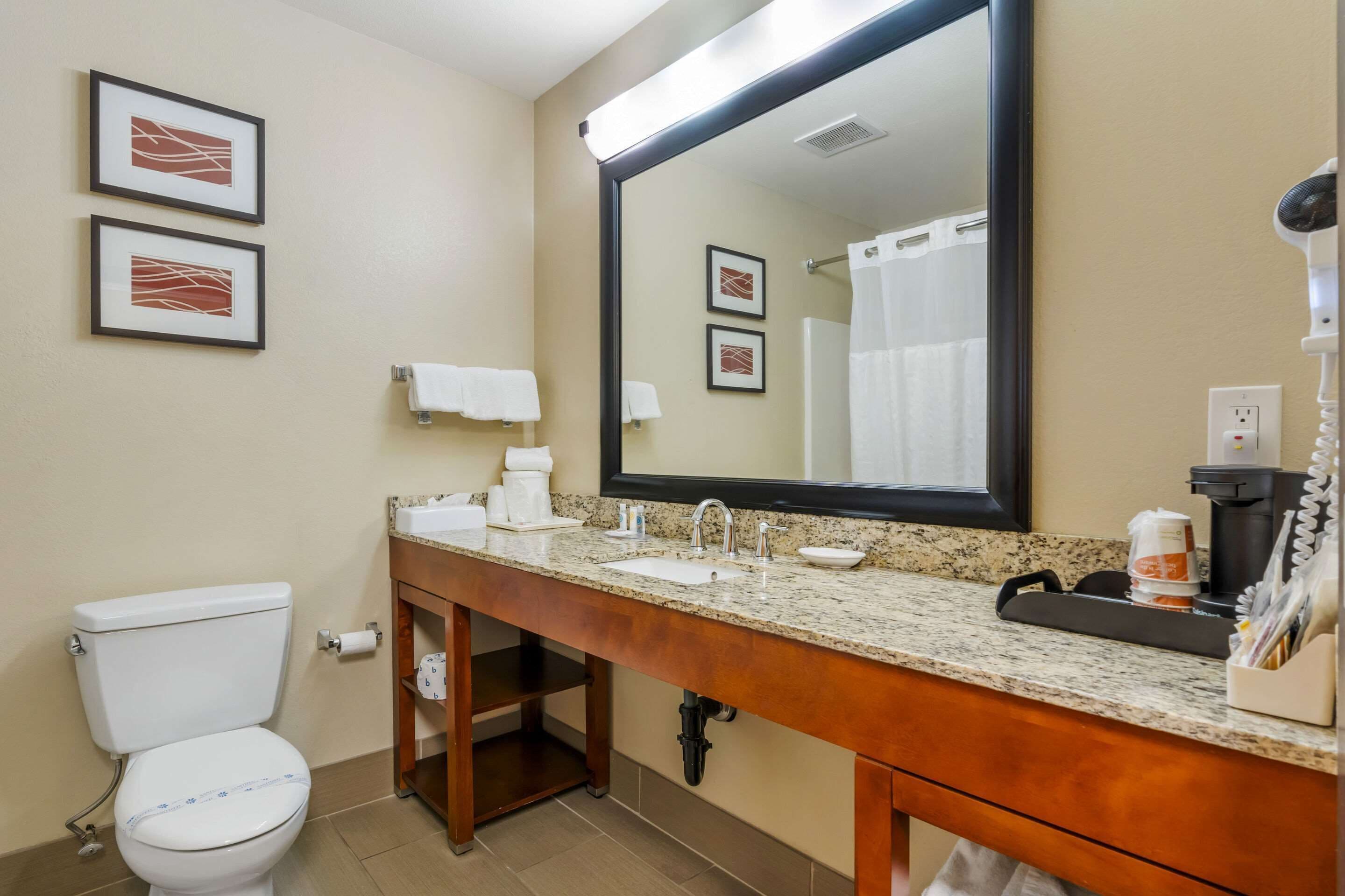 combined shower/bathtub, free toiletries, hair dryer, towels