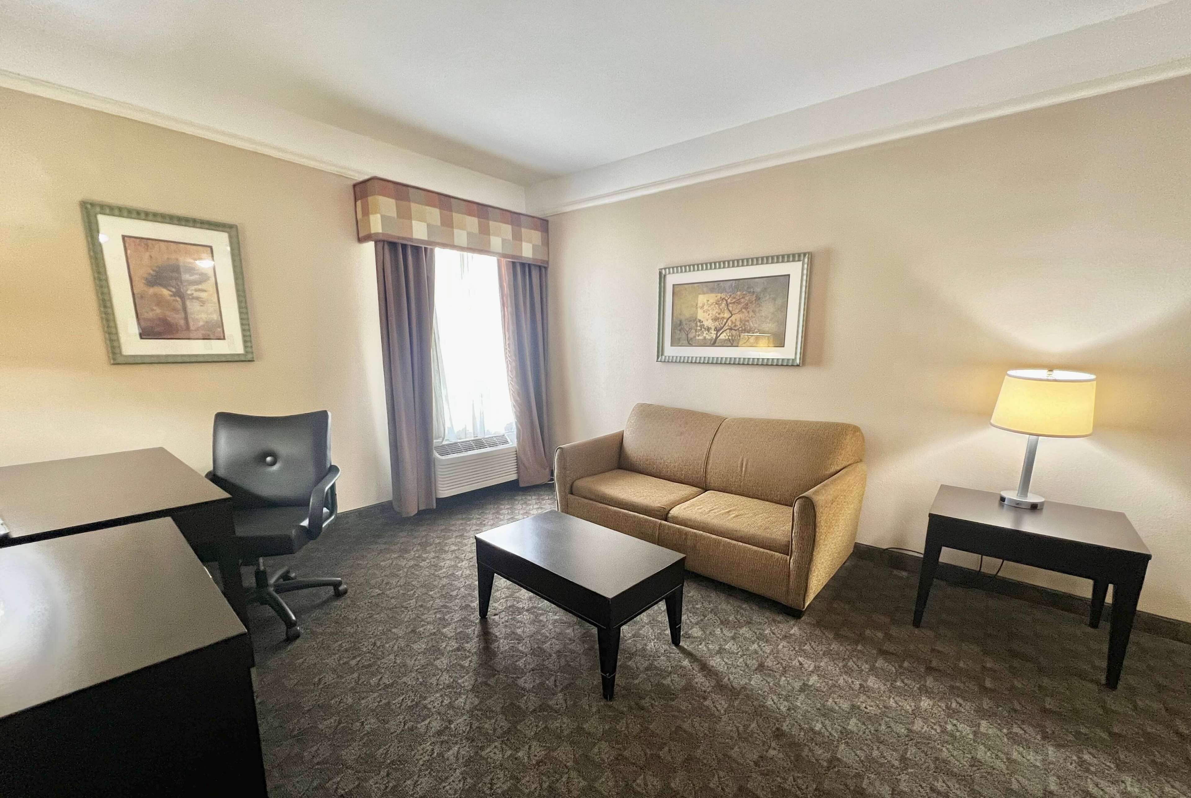 A hotel room with a sofa, a desk, a chair, a coffee table, and two lamps.