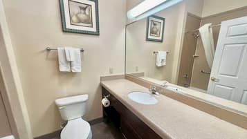 A bathroom with a toilet, sink, and mirror.