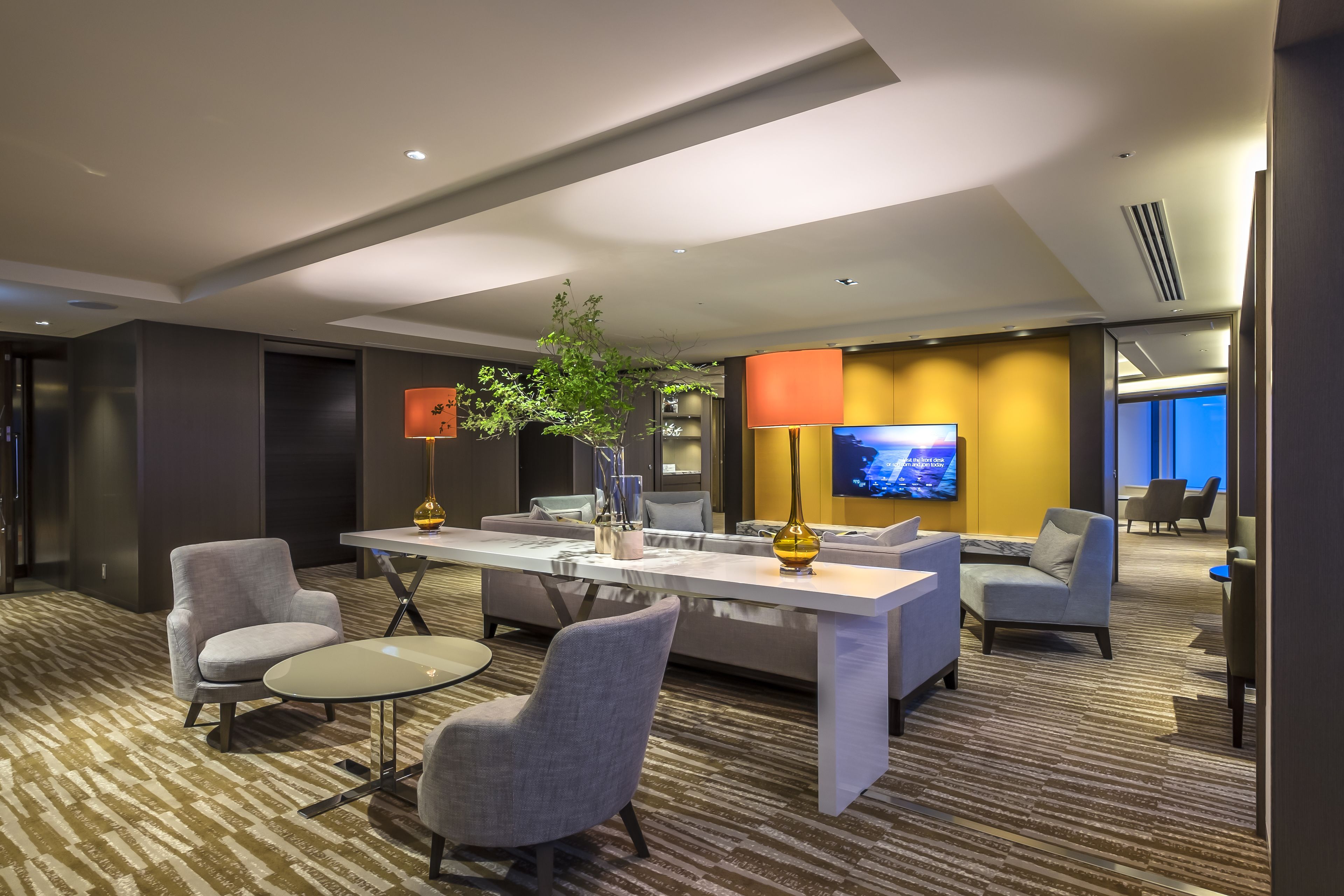 A modern hotel lobby with a central seating area, a flat-screen TV, and a large plant.