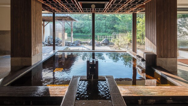A traditional Japanese onsen with a wooden interior and a view of a natural landscape. - Phoenix Seagaia Ocean Tower (Miyazaki)