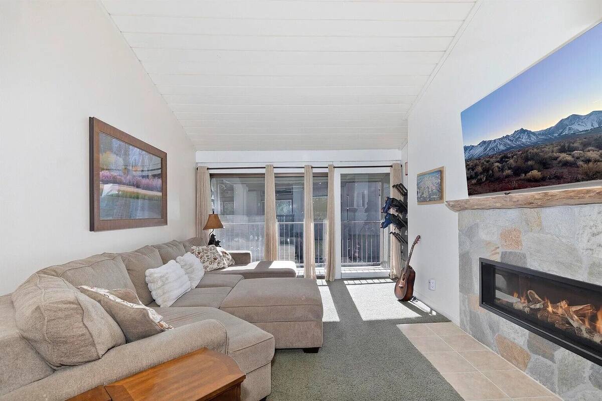 A living room with a sectional sofa, a fireplace, a painting, and a view through a glass door.