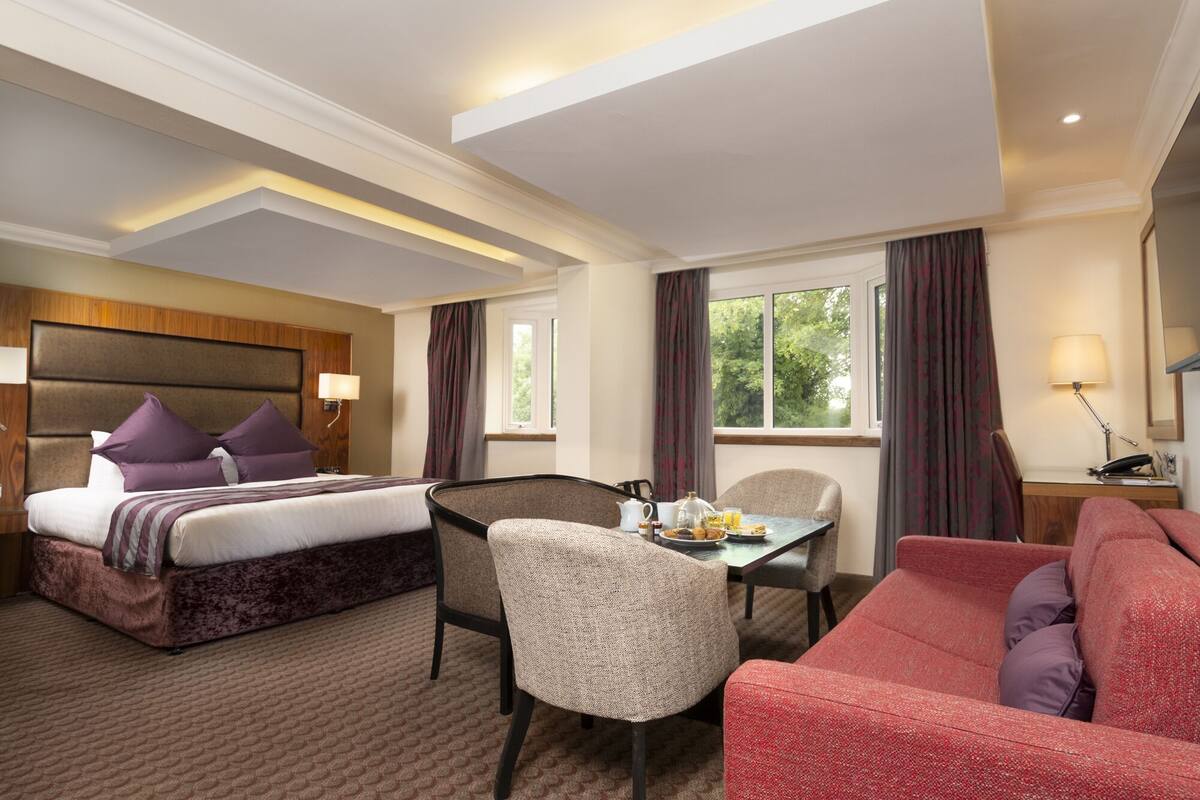 A hotel room with a bed, a dining table, a sofa, and a chair.