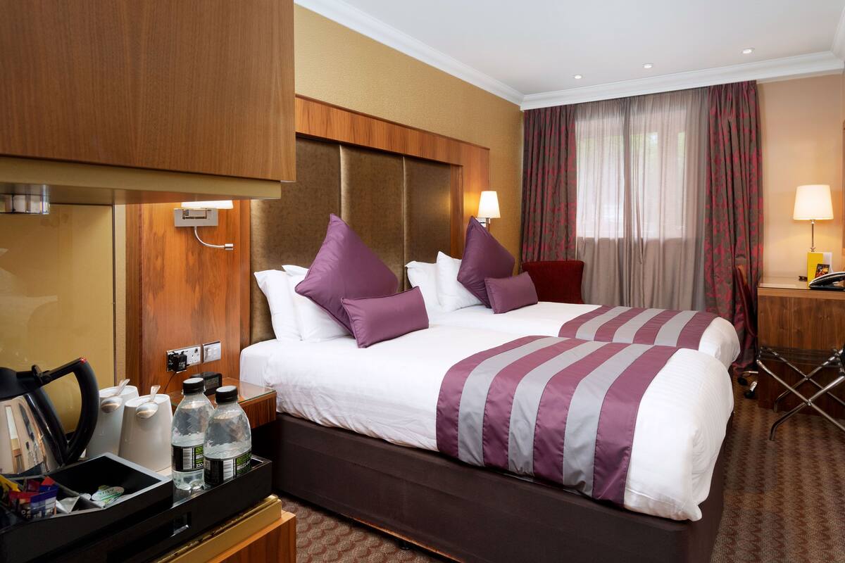 A hotel room with a large bed, a desk, a chair, a TV, and a minibar.