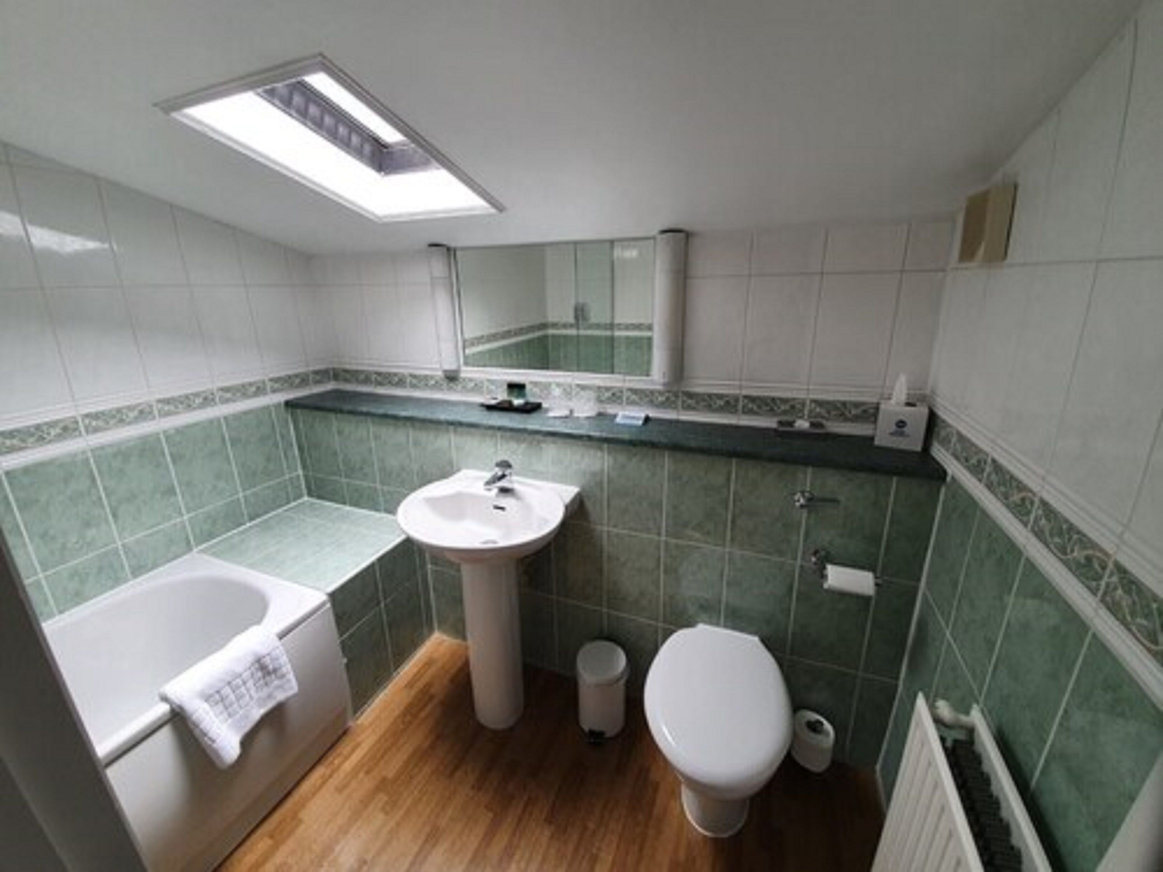 A bathroom with a skylight, a sink, a toilet, and a bathtub.