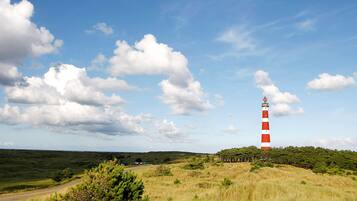 Ein Leuchtturm auf einer grasbewachsenen Anhöhe unter blauem Himmel.