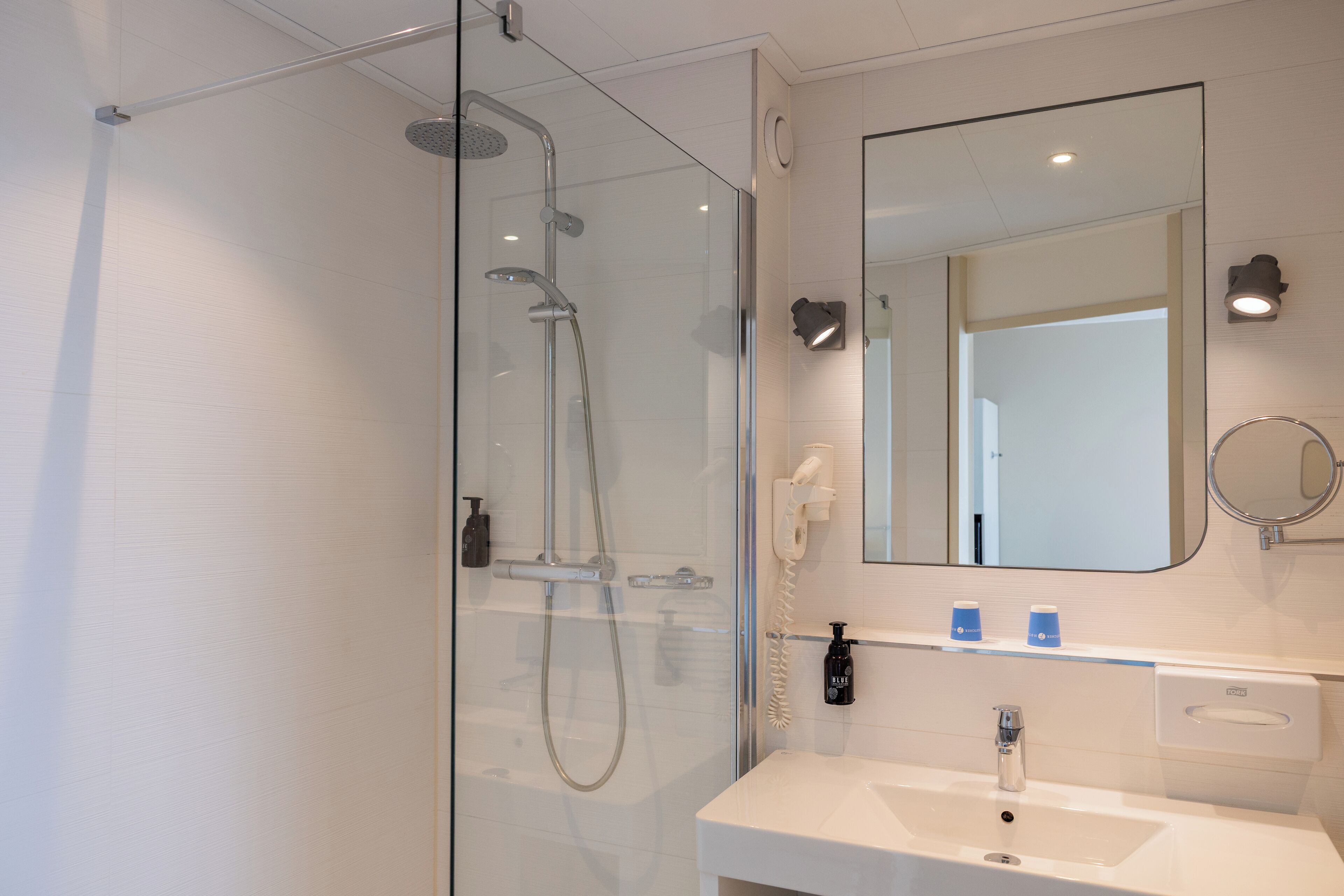 Un baño moderno con ducha envuelta en vidrio, un lavamanos blanco y un espejo grande.