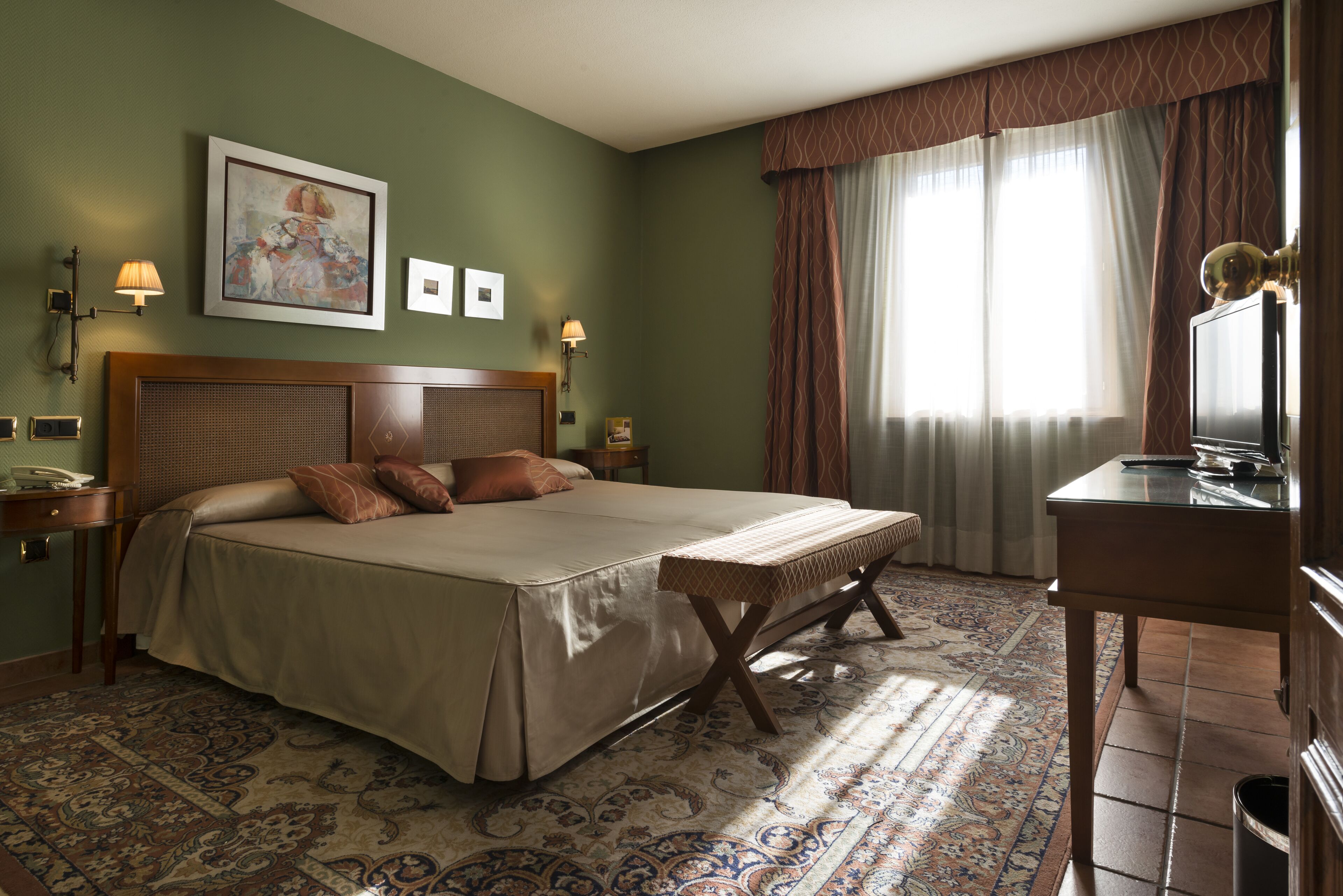 Una habitación de hotel con una cama grande, un escritorio, un televisor y una alfombra estampada.