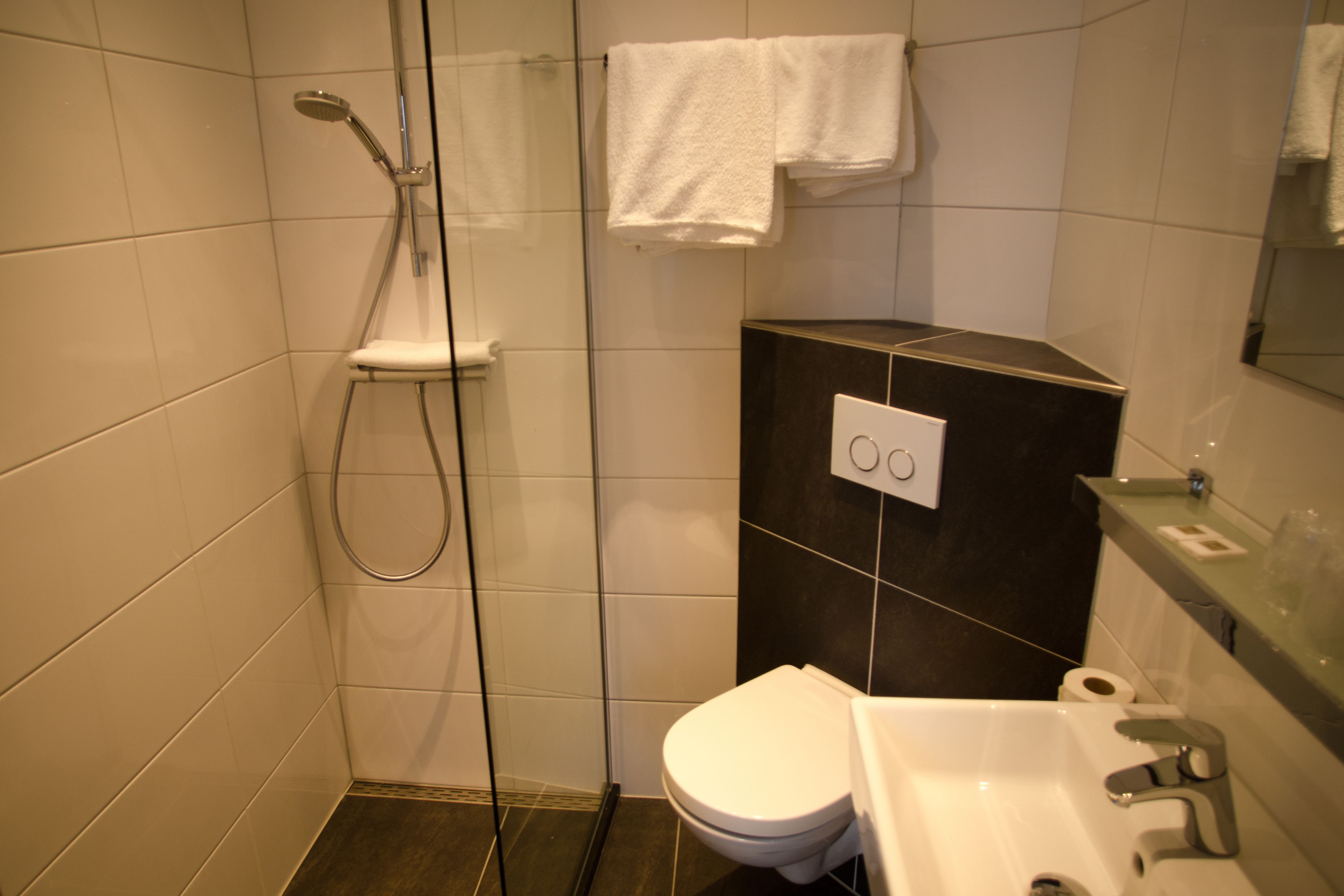 A modern bathroom with a glass-enclosed shower, a white toilet, and a sink with a mirror above it.