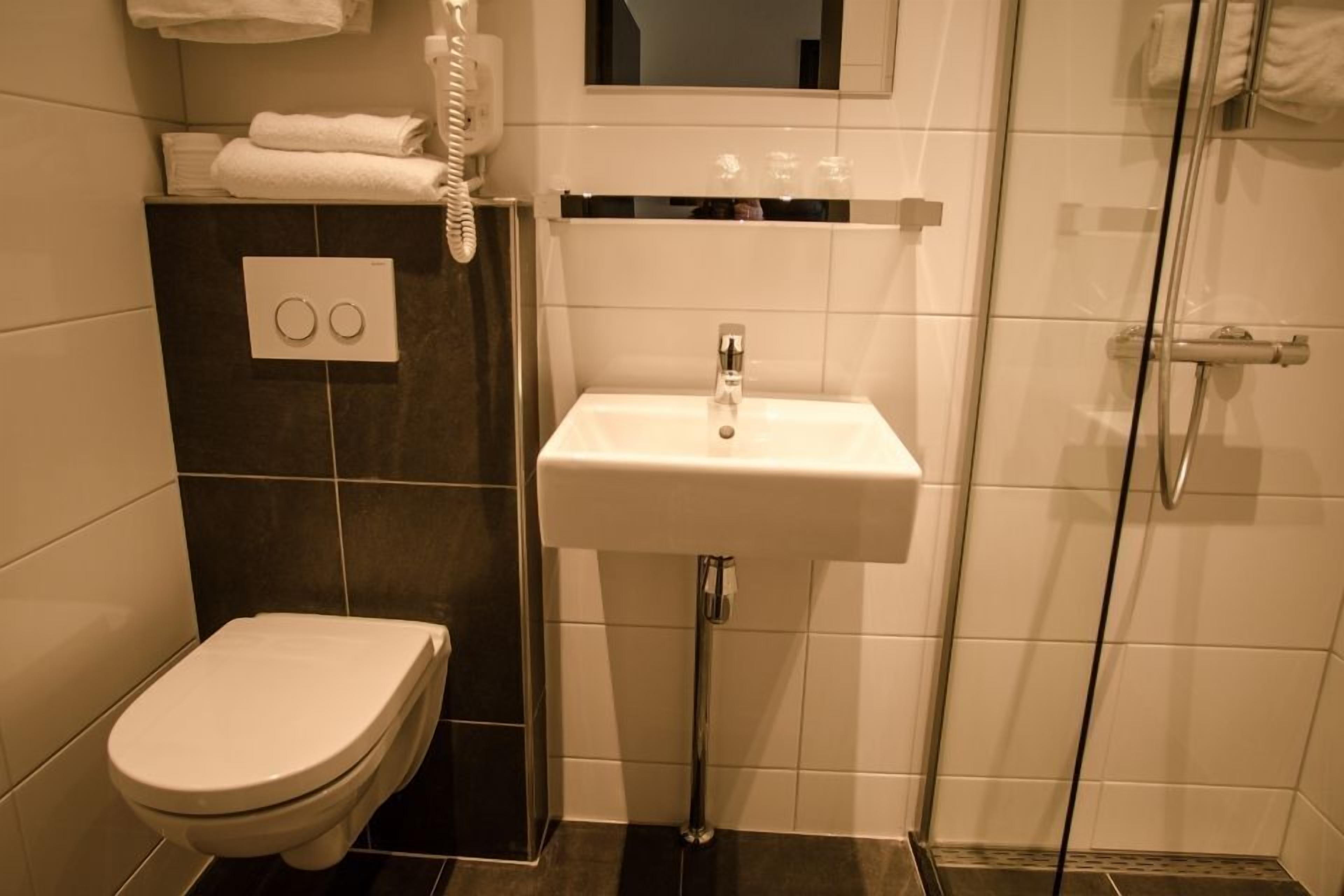 A bathroom with a toilet, sink, and shower.