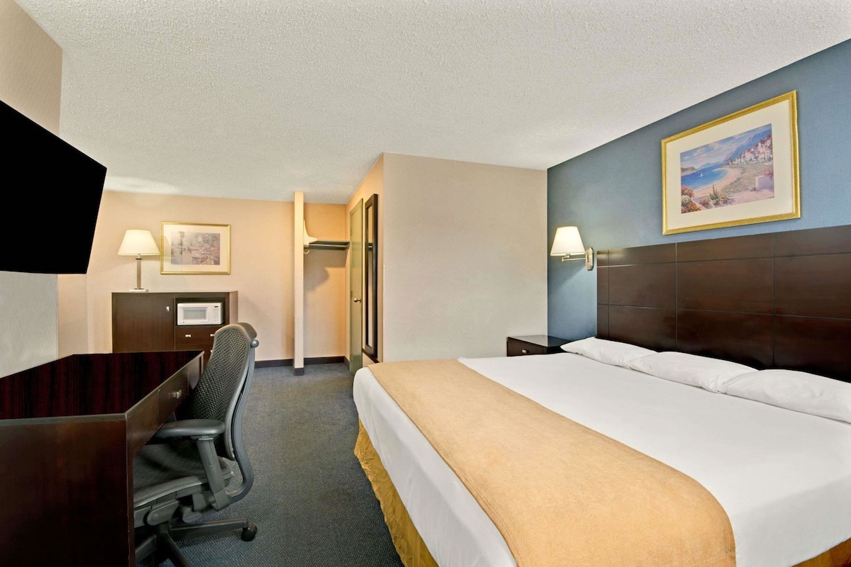 A hotel room with a bed, desk, chair, TV, and a painting on the wall.