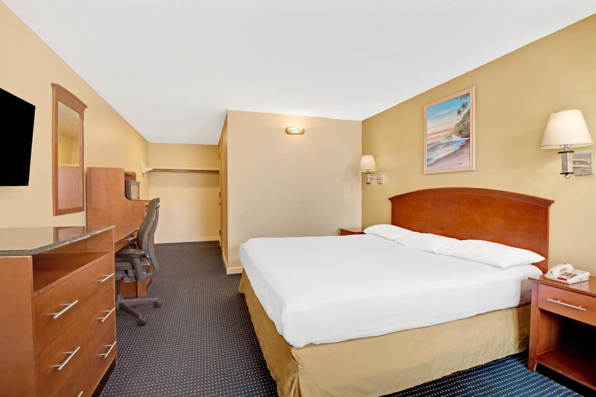 A hotel room with a bed, a desk with drawers, a chair, a television, and a painting on the wall.