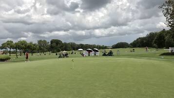 Un campo de golf con un putting green, árboles y un cielo nublado.