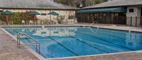 Outdoor pool, open 8:00 AM to 6:00 PM, pool umbrellas, pool loungers