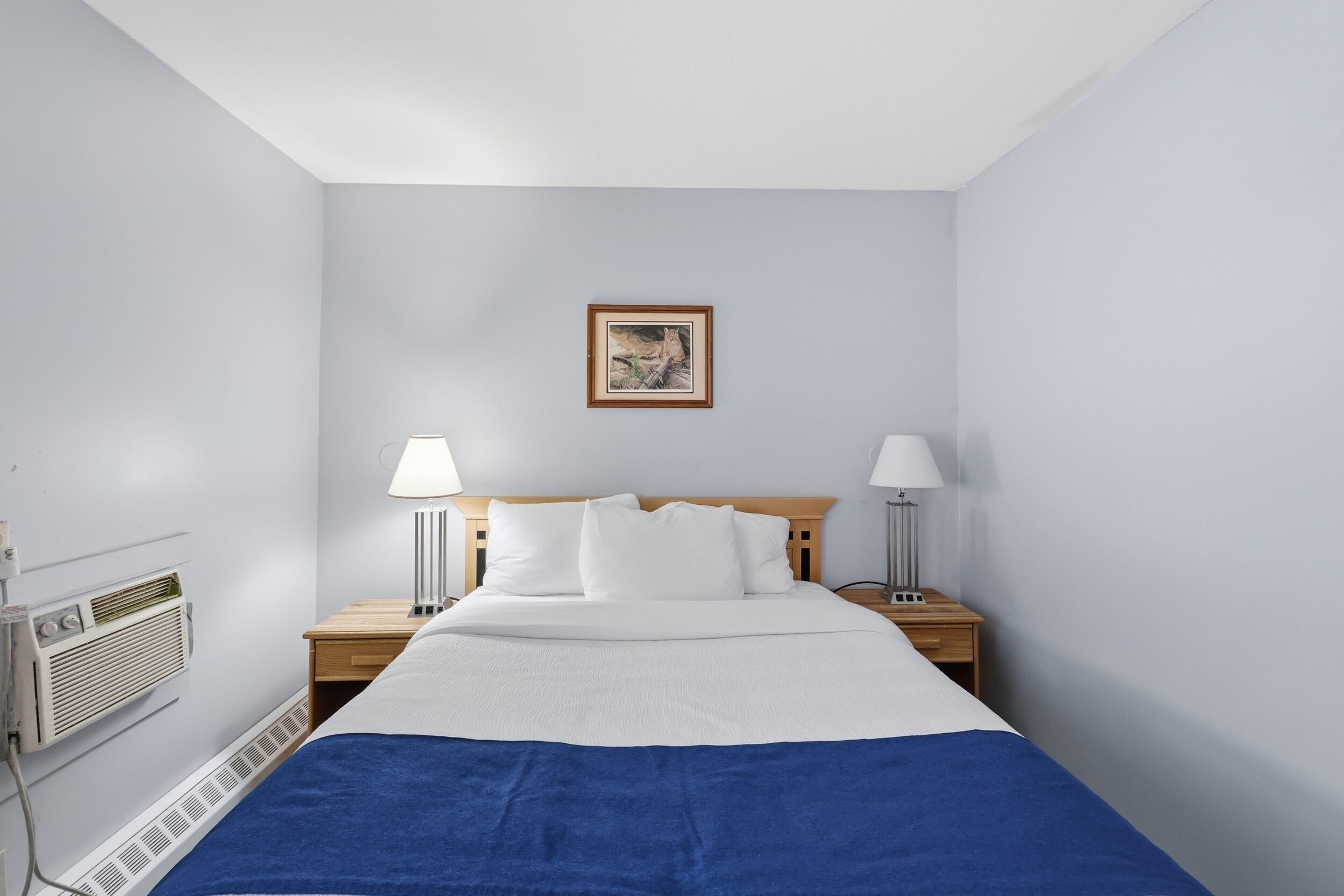 A hotel room with a bed, two bedside lamps, a framed picture on the wall, and an air conditioning unit.
