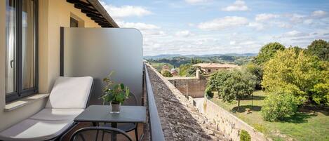 Un balcon avec une table et des chaises, un pot de fleurs et une vue sur un paysage rural, avec des arbres et des bâtiments.