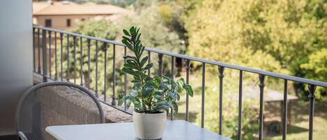 A balcony with a table and chairs, a potted plant, and a view of the countryside.