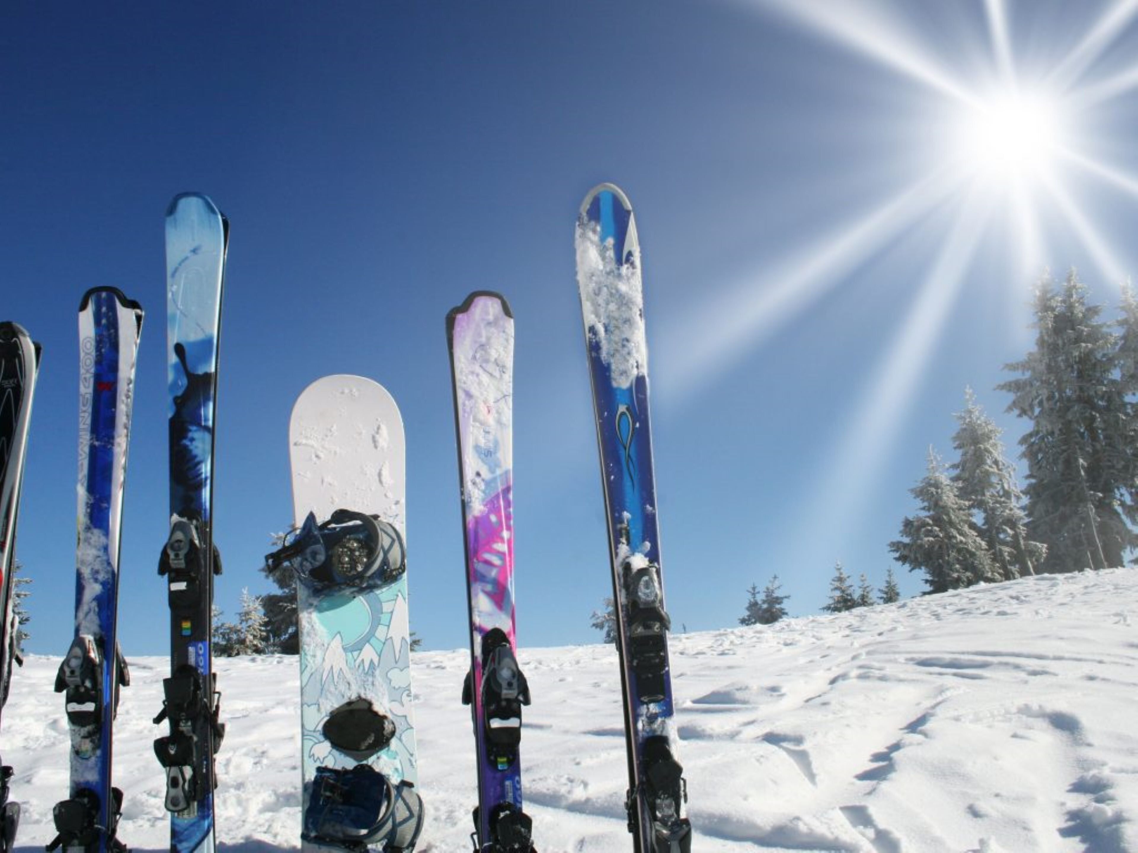 A row of skis on a snowy slope with a clear sky.