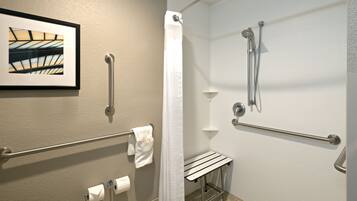 A bathroom with a shower, grab bars, a towel rack, and a framed picture on the wall.