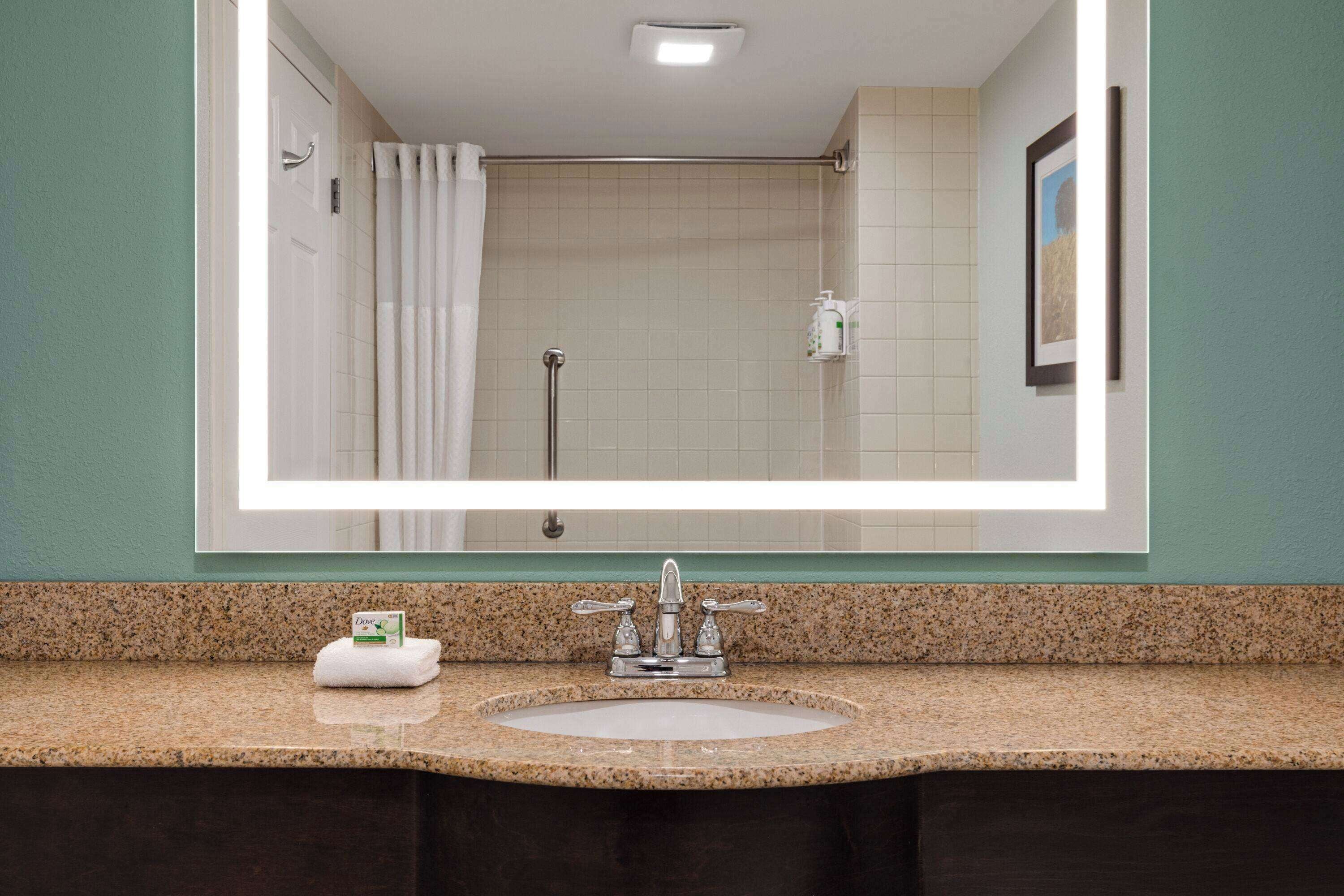 A bathroom with a granite countertop, a sink, a mirror, a shower, and a framed picture on the wall.