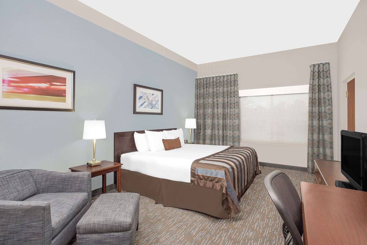 Habitación de hotel con cama, dos lámparas de noche, escritorio con televisor, sofá y sillón.