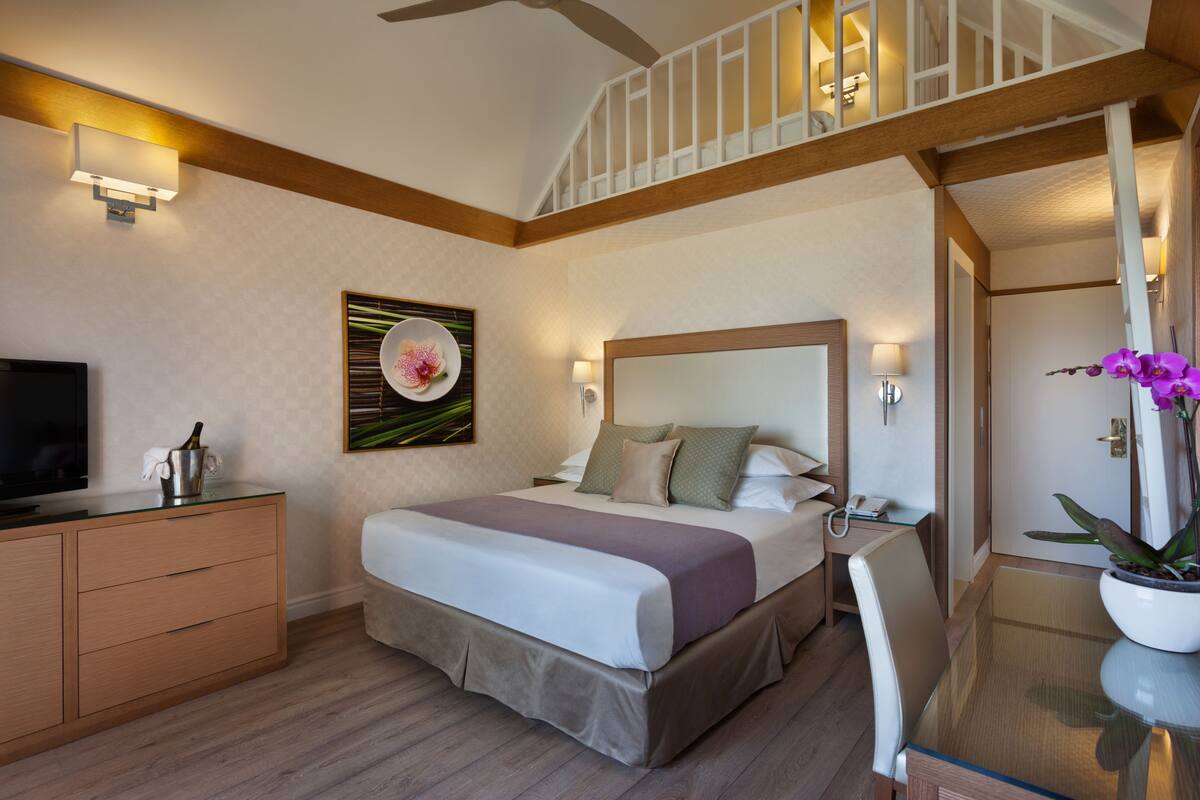 Habitación de hotel con cama, escritorio, televisor, planta y una escalera.