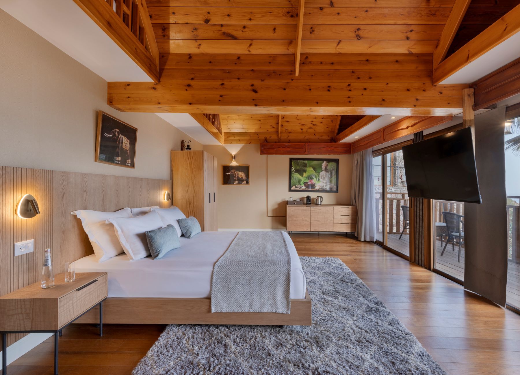 Een moderne slaapkamer met een houten plafond, een groot bed, een nachtkastje, een kledingkast, een televisie en uitzicht op de omgeving.