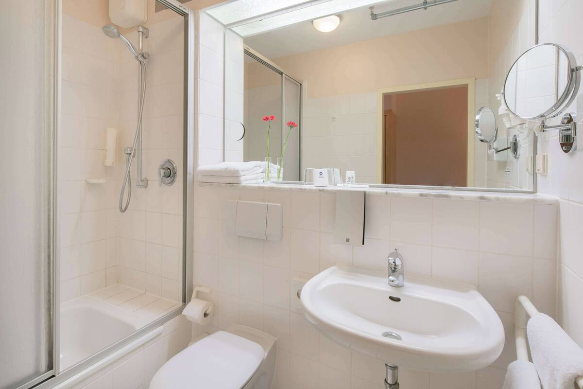 shower, free toiletries, hair dryer, towels