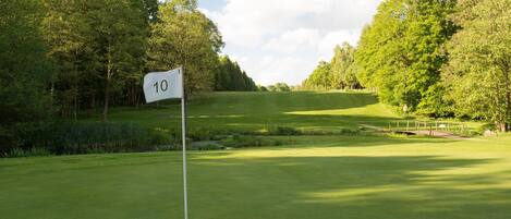 A golf course with a flag marked '10' indicating the hole number.