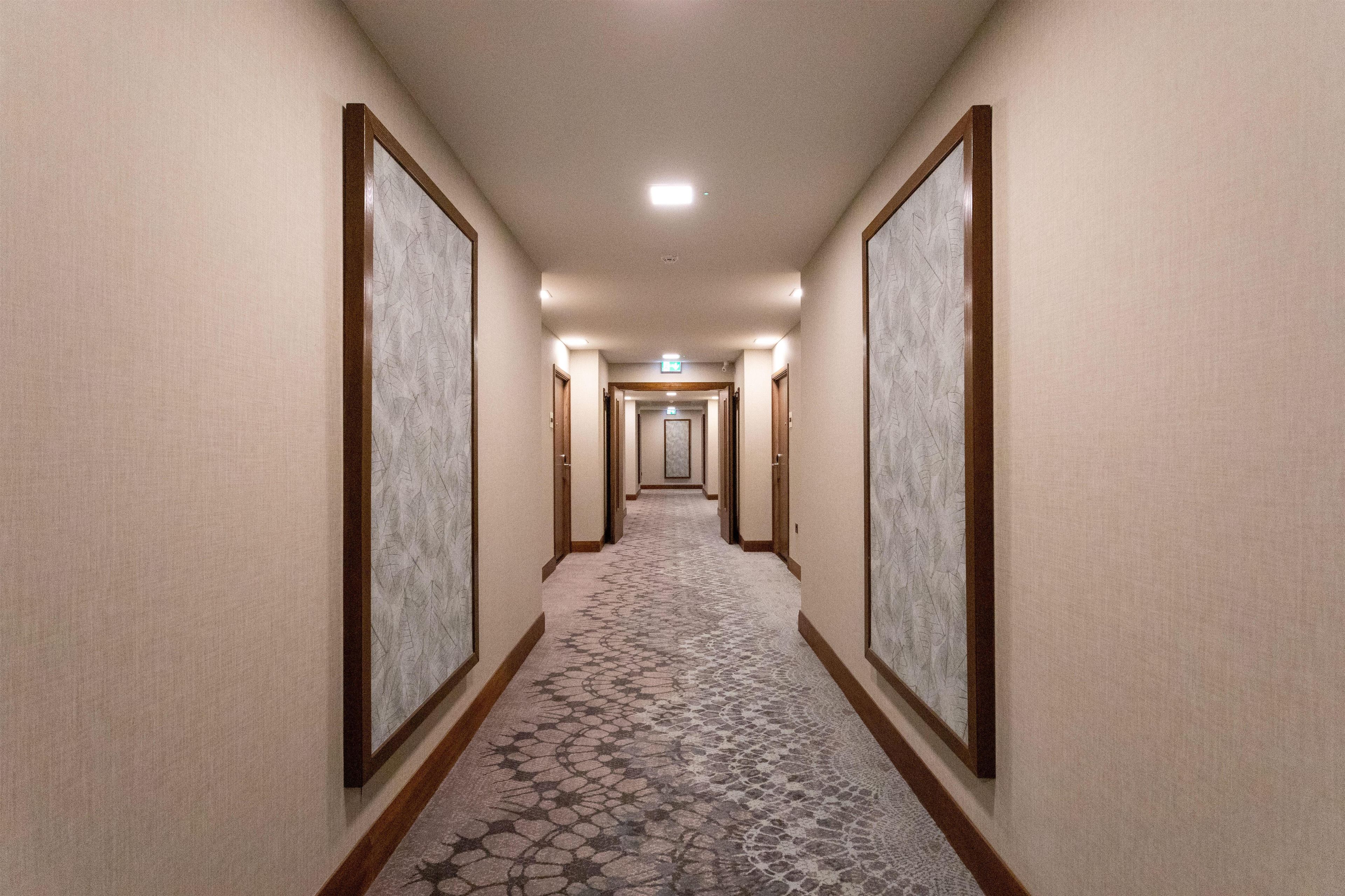A hotel hallway with a patterned carpet, wooden doors, and framed artwork on the walls.