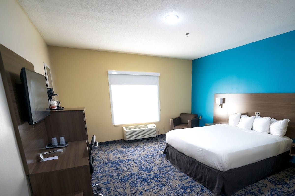 A hotel room with a large bed, a TV on a wooden dresser, a window with blinds, and a blue accent wall.