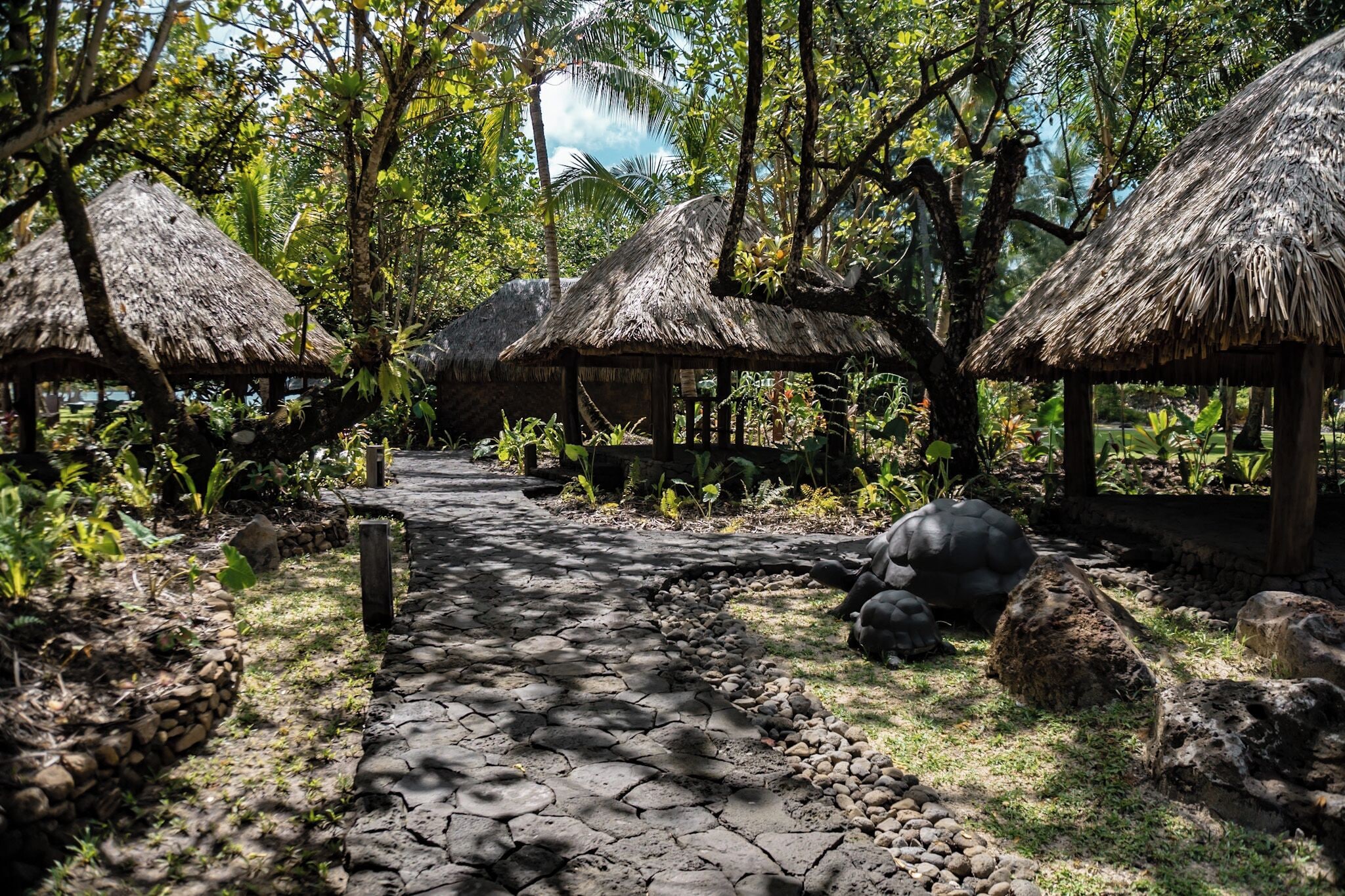 A stone pathway leading to thatched-roof huts surrounded by lush greenery.