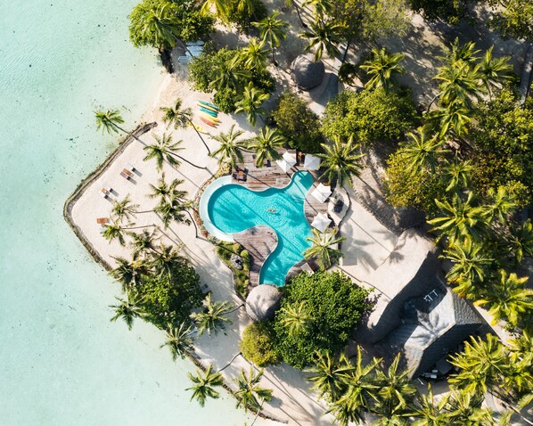 Piscine extérieure, parasols de plage, chaises longues