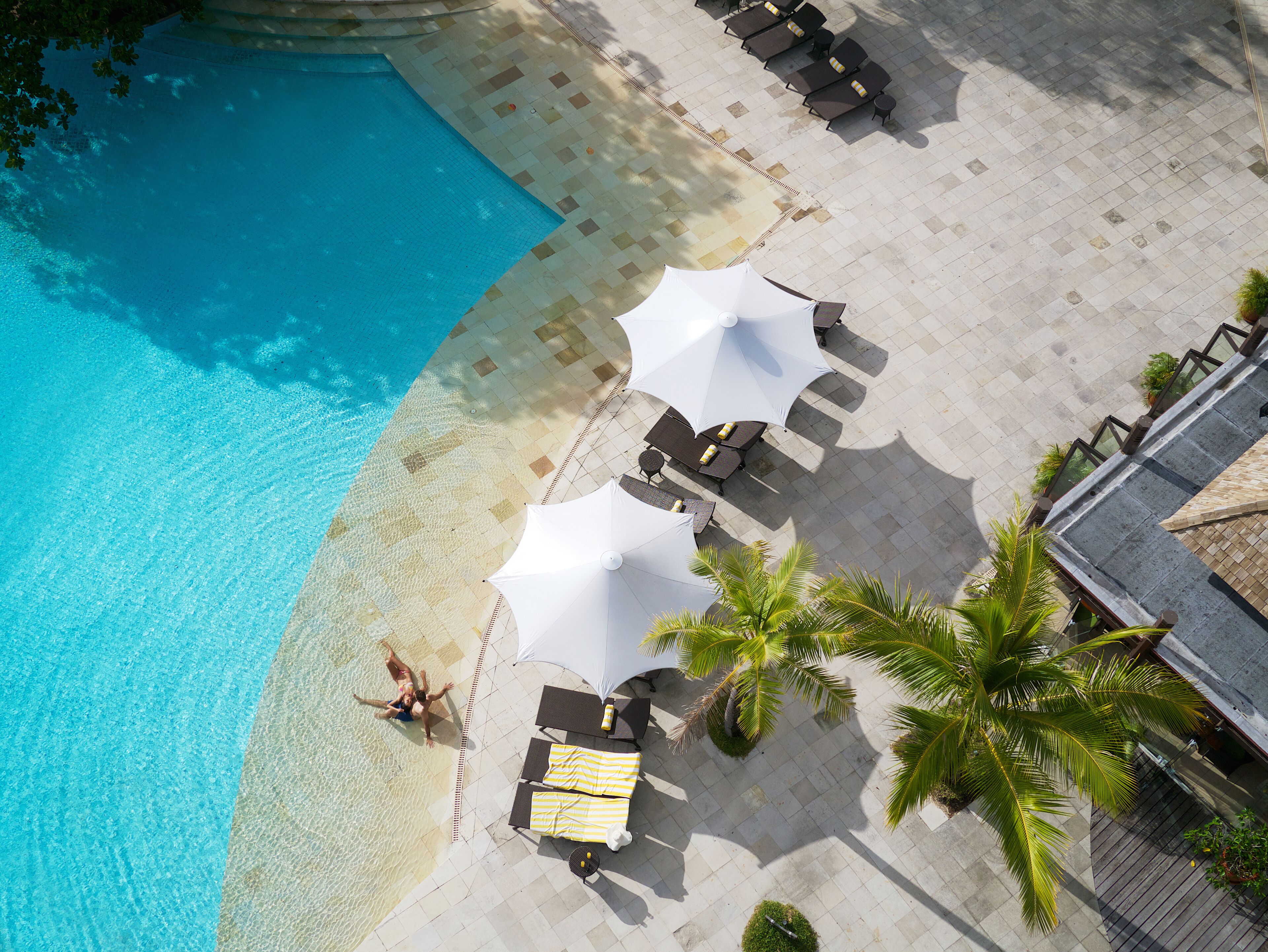 Vista aérea de una zona junto a la piscina con sillones, sombrillas y palmeras.