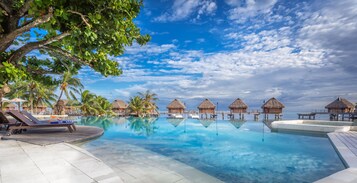 Outdoor pool, pool umbrellas, pool loungers