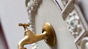 Un grifo de bronce fijado a una pared blanca con molduras decorativas.