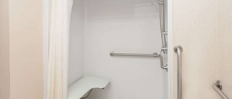 A walk-in shower with a white toilet, a grab bar, and a shower seat.