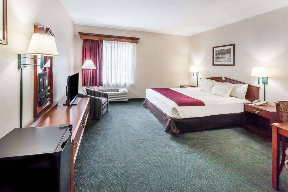 A hotel room with a bed, a desk, a television, a window with curtains, and a framed picture on the wall.