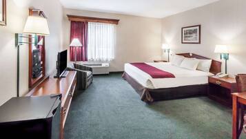 Habitación de hotel con cama, escritorio, televisor, ventana con cortinas y un cuadro en la pared.