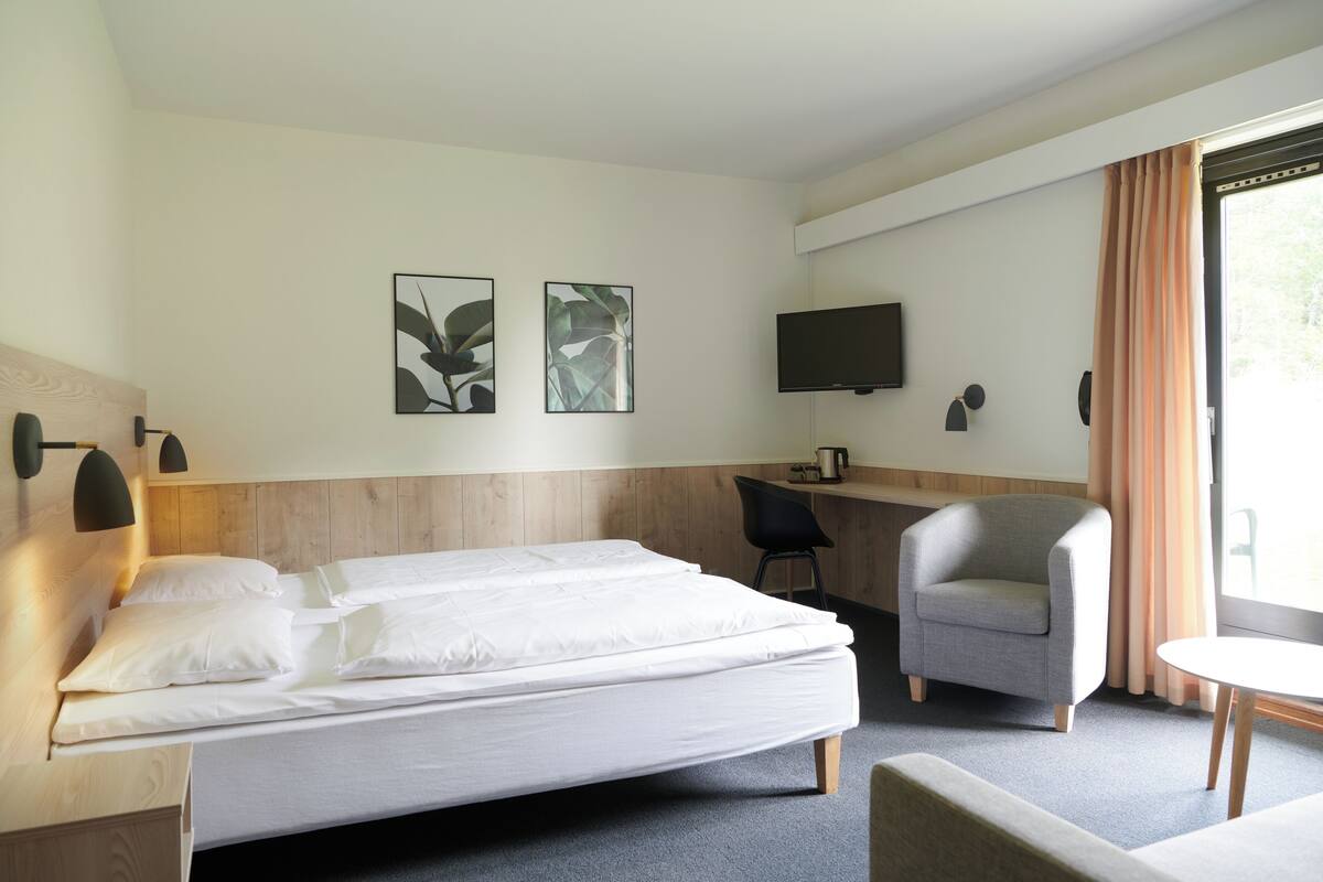 Una habitación de hotel con cama, escritorio, silla y televisor.