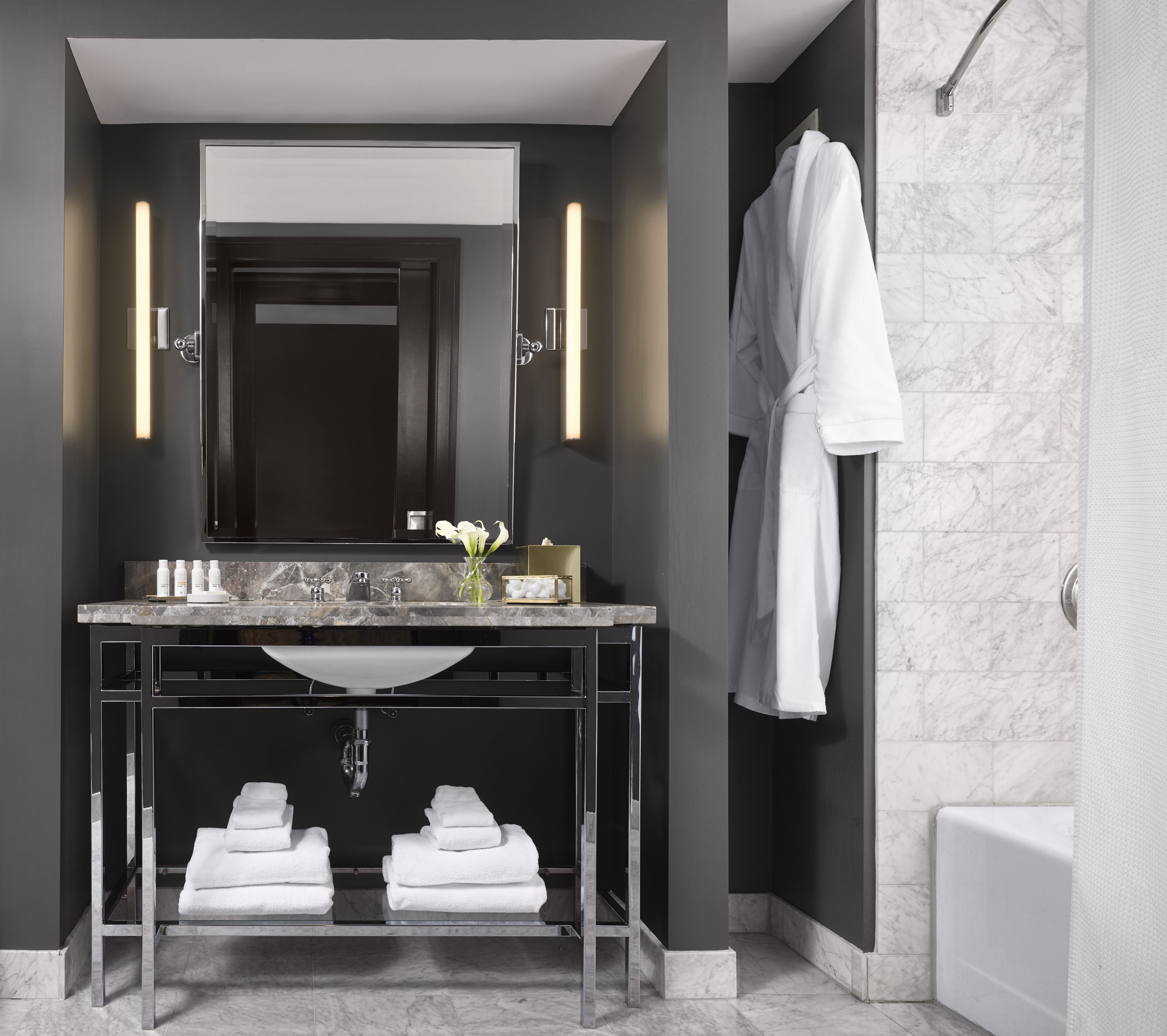 eco-friendly toiletries, hair dryer, bathrobes, towels