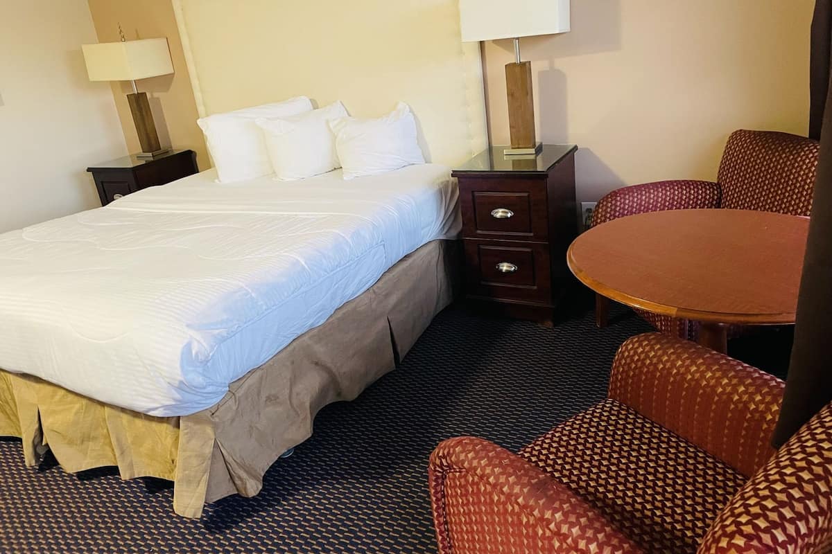 A hotel room with a bed, a small desk, a chair, and a round table.